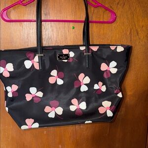 kate spade Black Floral Print Nylon Tote with Pink and White Accents